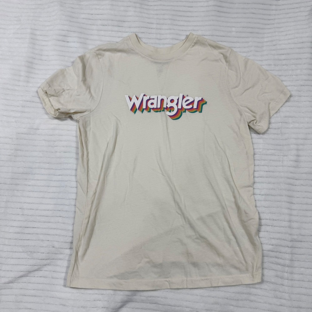 Wrangler Womens Graphic T-Shirt Cream Rainbow Shadow Logo Crewneck Small - Picture 1 of 10